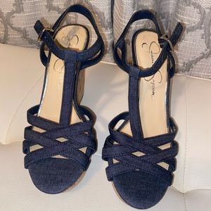 Jessica Simpson Cork Wedge Heel Sandals Shoes Denim Strappy High Heels